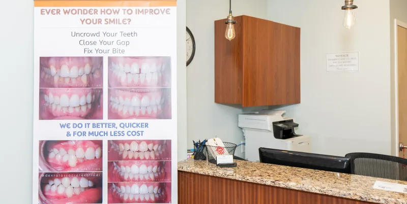 Dental office reception showing a counter with a basket of items.