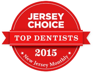 Red circular badge titled "Jersey Choice Top Dentists 2015, New Jersey Monthly."