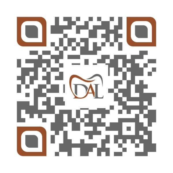 A QR code with brown and gray squares, featuring the letters "DAL" in the center.