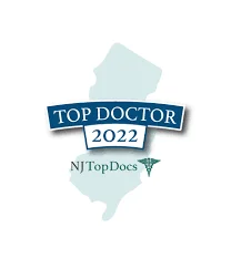 Top Doctor 2022 award logo with New Jersey state outline and NJ Top Docs text with caduceus symbol.