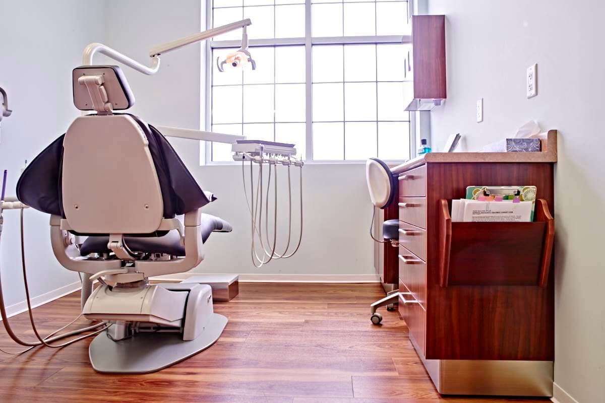 dental examination room with chair facing window